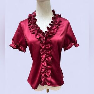 Vintage Ruffled Satin Blouse - Deep Red The Limited